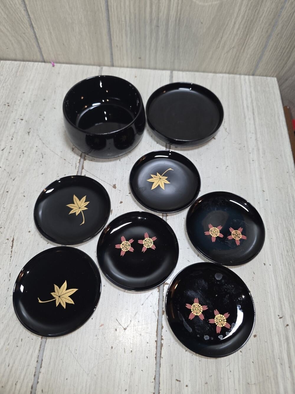 Vtg Japanese Lacquered Ware Maki-e Mini Plate Coaster Set of 6 W/Case Floral